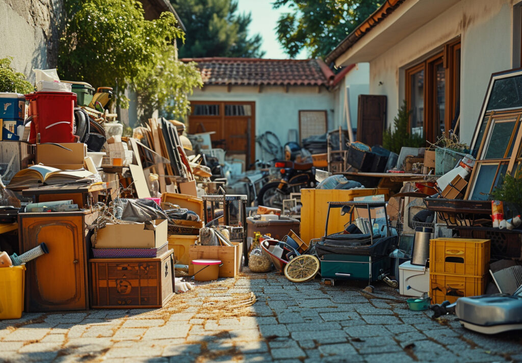 A backyard with a lot of junk that needs to be removed.