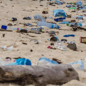 Litter-covered beach with scattered trash and debris