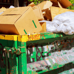 Overfilled dumpster with cardboard and graffiti