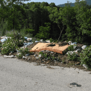 Littered roadside covered in trash and discarded items