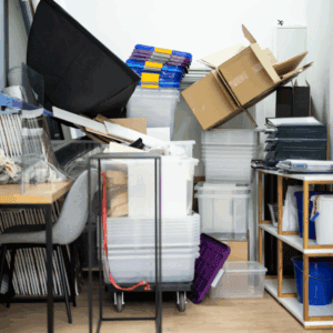 Cluttered office room with scattered storage boxes and items